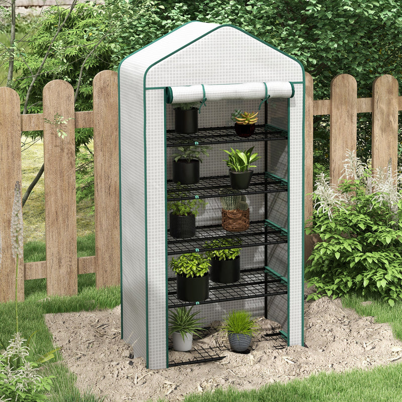 5 Tier Widened Mini Greenhouse w/ Reinforced PE Cover, Portable Green House w/ Roll-up Door & Wire Shelves, 193H x 90W x 49Dcm, White