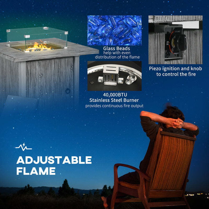 40,000 BTU Gas Fire Pit Table with Cover, Glass Screen and Glass Beads, Grey