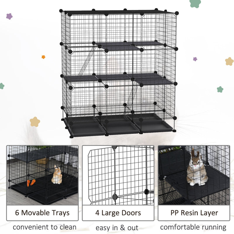 3 Level DIY Pet Playpen Metal Small Animal Cage Guinea Pig Rabbit Ferret Chinchillas Cage 4 Doors Bottom Trays Black