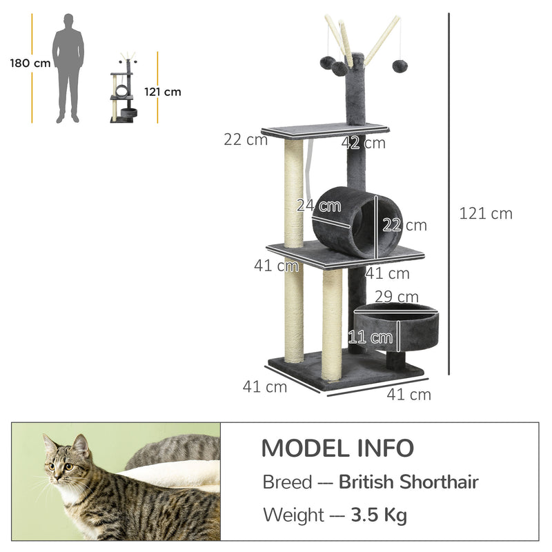 121cm Cat Tree Tower for Indoor Cats Kitten Activity Center Scratching Post with Bed Tunnel Perch Interactive Ball Toy, Grey
