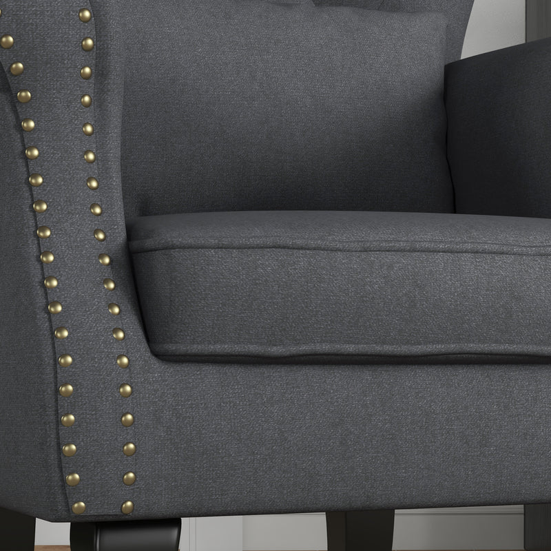 Chesterfield-style Accent Chair, Tufted Wingback Armchair with Pillow, Naihead Trim for Living Room, Bedroom, Dark Grey