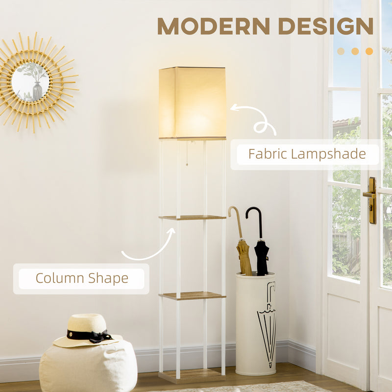 Modern Floor Lamp with Shelves, 3 Layer Shelf Tall Standing Lamp with Fabric Lampshade, Pull Chain Switch (Bulb not included)