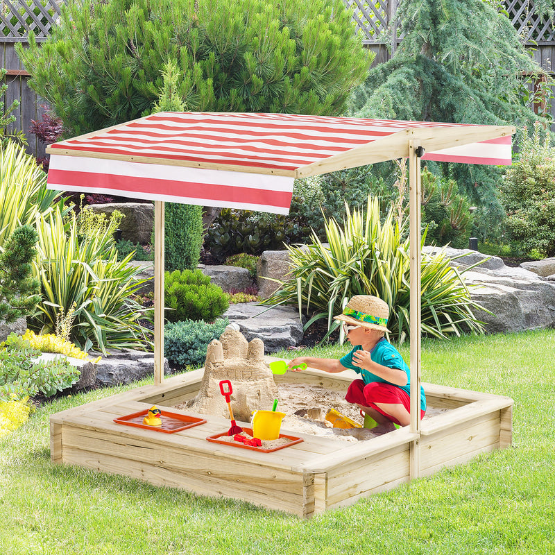 Kids Wooden Sandbox, Covered Children Sand Playset Outdoor, w/ Adjustable Canopy Shade, Aged 3-8 Years Old, for Backyard, Beach, Natural
