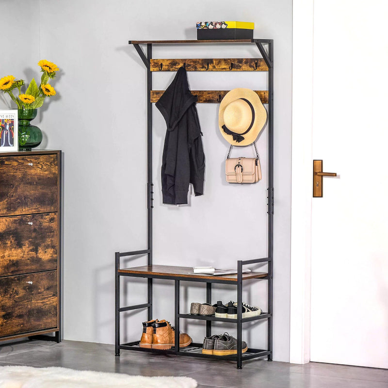 Coat Rack Coat Stand Shoe Storage Bench with 9 Hooks Shelves for Bedroom Living Room Entryway Brown and Black 180cm