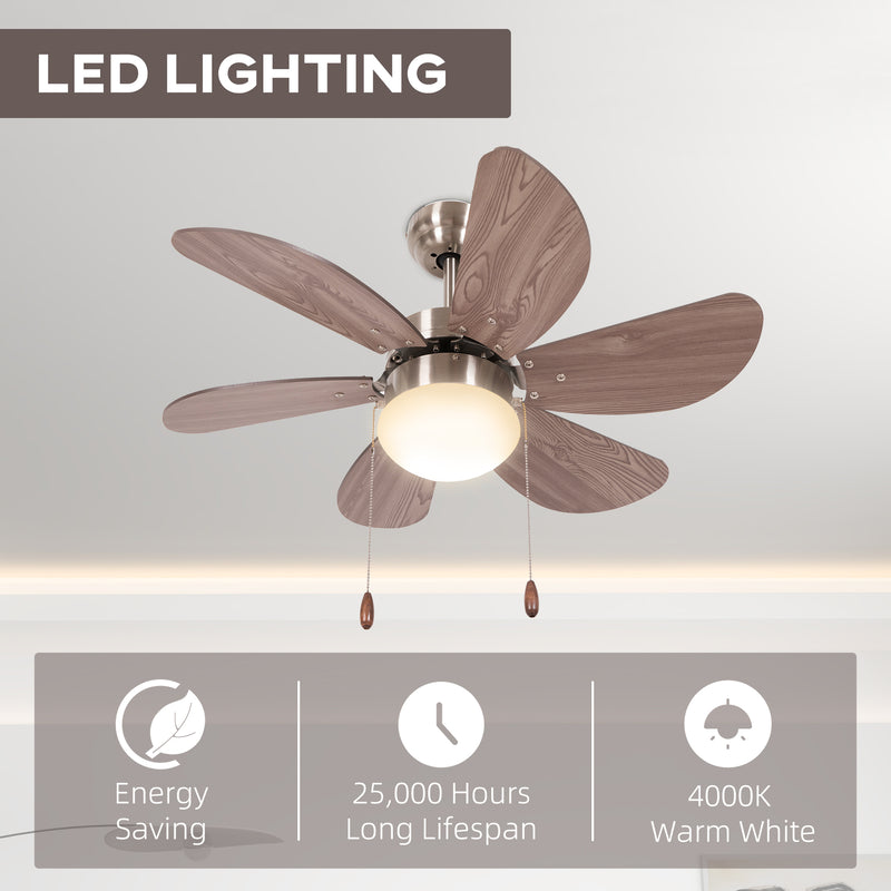 Ceiling Fan with LED Light, Flush Mount Ceiling Fan Lights with 6 Reversible Blades, Pull-chain Switch, Walnut Brown