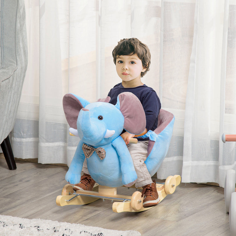 2 In 1 Plush Baby Ride on Rocking Horse Elephant Rocker with Wheels Wooden Toy for Kids 32 Songs (Blue)