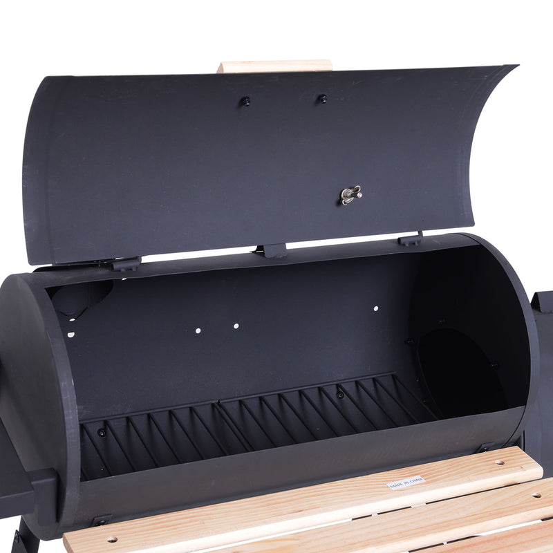 Charcoal Barbecue Grill Garden Portable BBQ Trolley w/ Offset Smoker Combo, Handy Shelves and On-lid Thermometer
