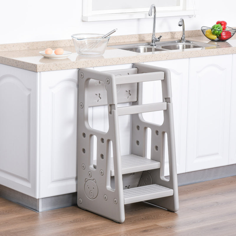 Kids Step Stool Adjustable Standing Platform Toddler Kitchen Stool -Standing Tower for Kitchen Counter Learning Platform w/ Three Heights Grey