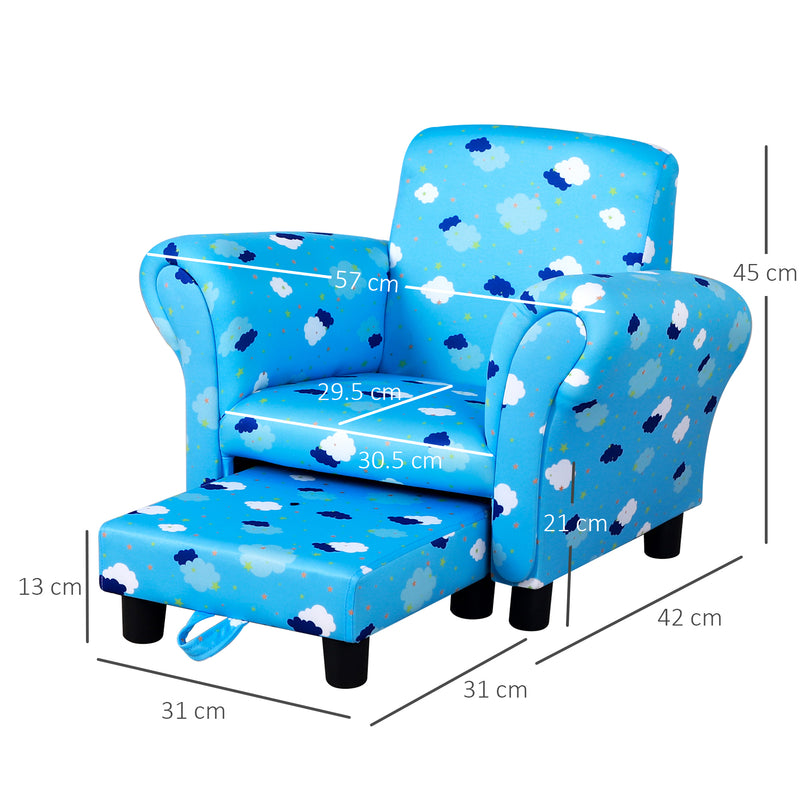 Childrens Sofa Mini Sofa Wood Frame w/ Footrest Anti-Slip Legs High Back Arms Bedroom Playroom Furniture Cute Cloud Star Blue