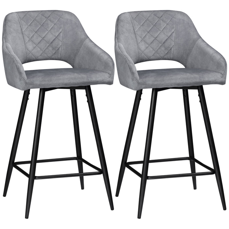 Set of 2 Bar stools With Backs, Velvet-Touch Fabric Counter Height Bar Chairs, Kitchen Stools with Steel Legs for Dining Area, Grey