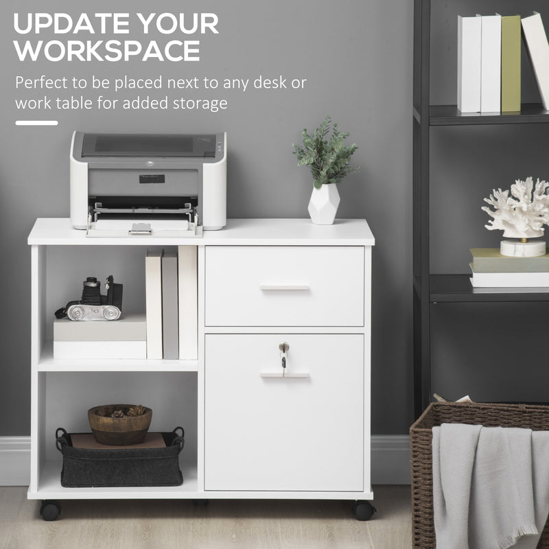 Filing Cabinet with Wheels, Mobile Printer Stand with Open Shelves and Drawers for A4 Size Documents, White