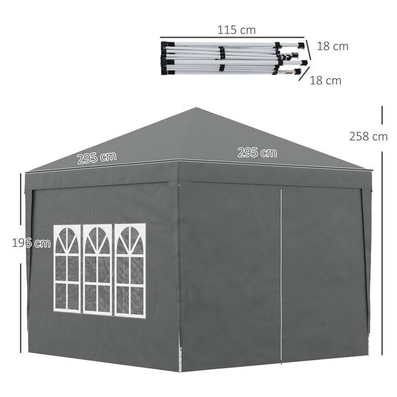 3 x 3 Meters Pop Up Water Resistant Gazebo Wedding Camping Party Tent Canopy Marquee with Carry Bag and 2 Windows, Grey