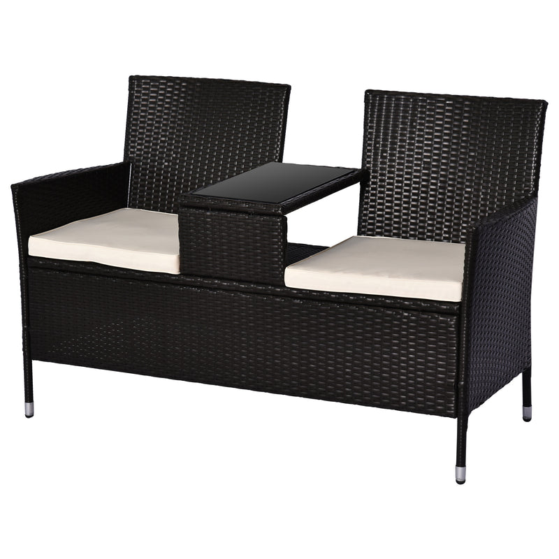 2 Seater Rattan Dining Chairs Wicker Loveseat Outdoor Patio Armchair with Drink Table Garden Furniture - Dark Brown
