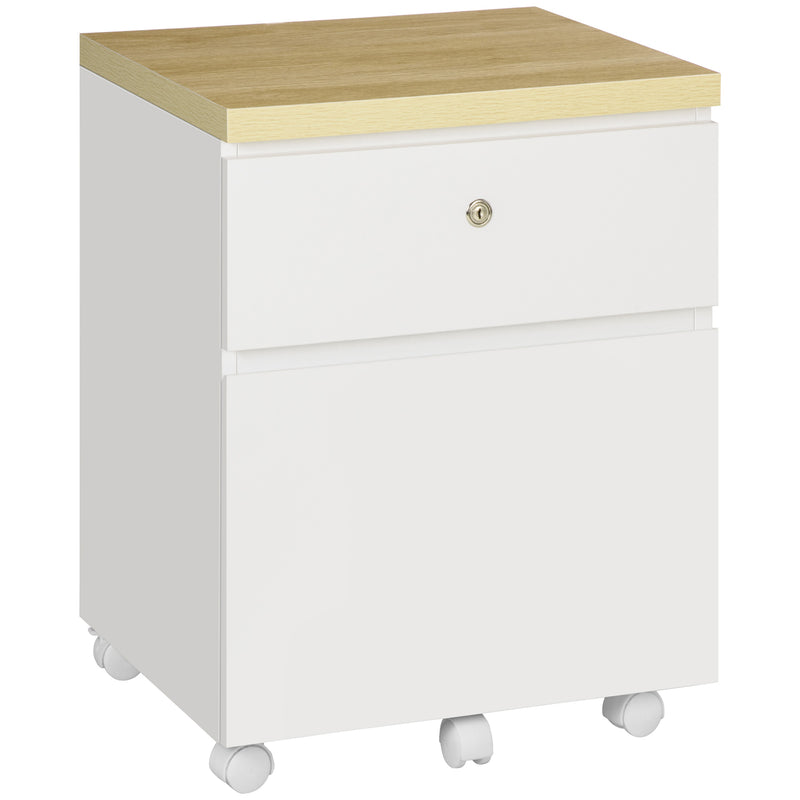 2-Drawer Filing Cabinet with Lock, Mobile File Cabinet with Hanging Bars for A4 Size and Wheels, Home Office Study, White