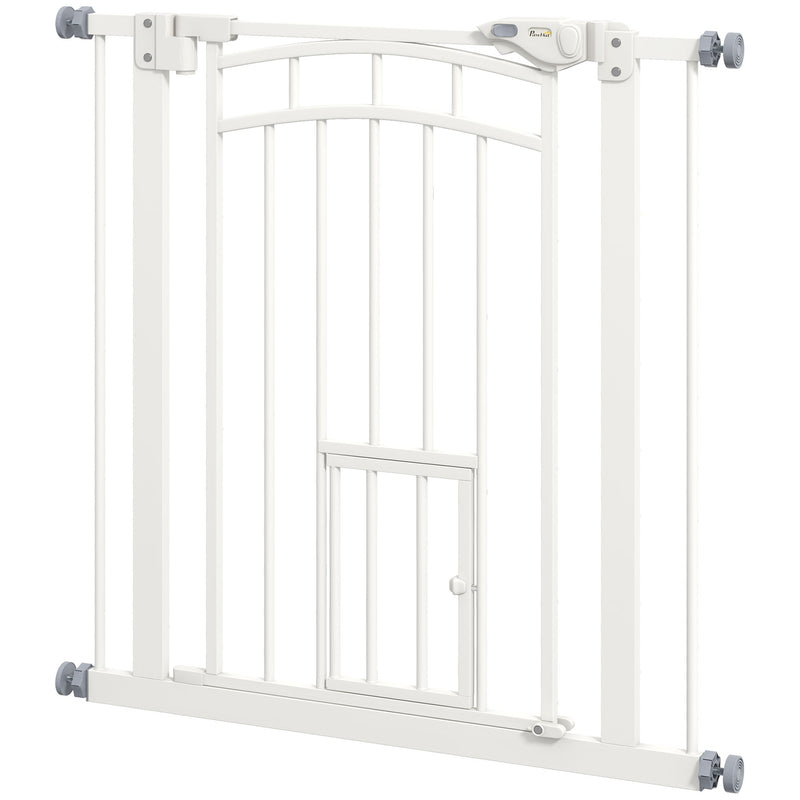Pressure Fit Stair Gate, Dog Gate w/ Small Cat Door, Auto Closing System, Double Locking Openings, 74-80cm - White