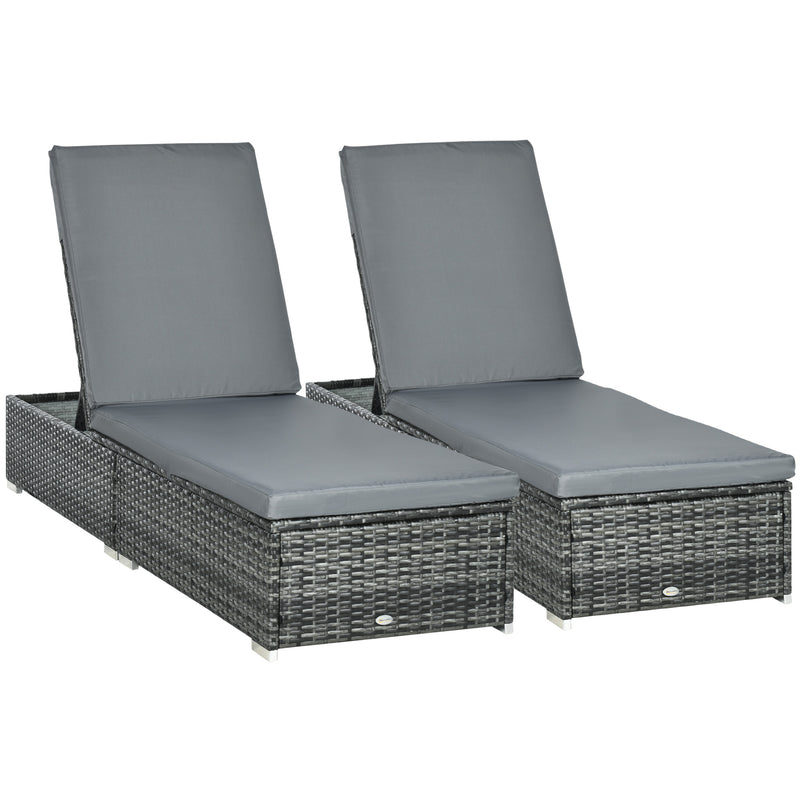 PE Rattan Sun Loungers set of 2 w/ Cushion, 2 Pcs Garden Sunbed Furniture w/ 5-Level Backrest, Reclining Patio Wicker Bed Chair, Grey