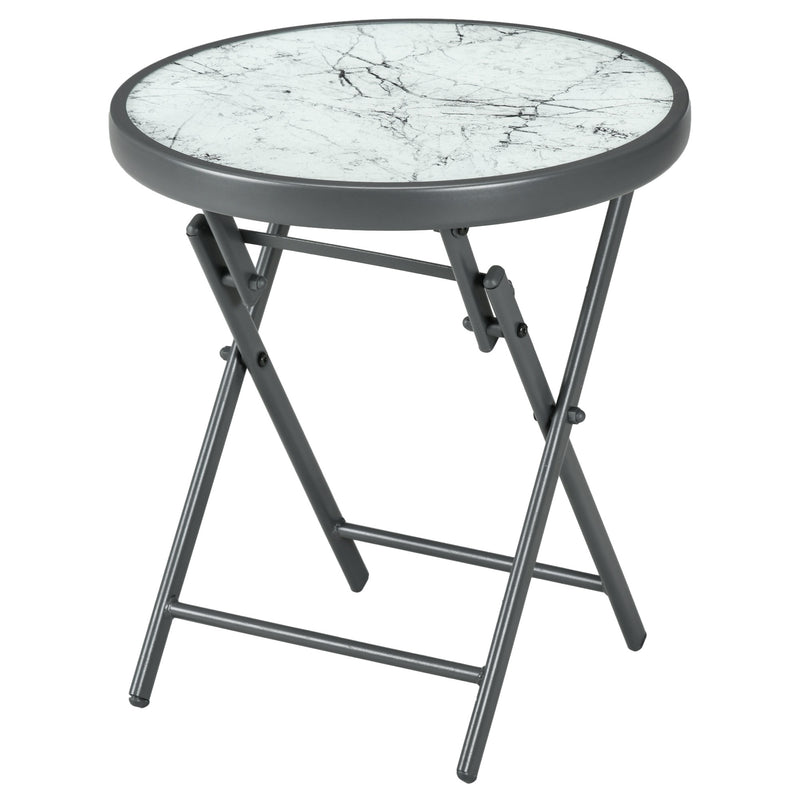 45cm Outdoor Side Table, Round Folding Patio Table with Imitation Marble Glass Top, Small Coffee Table, White
