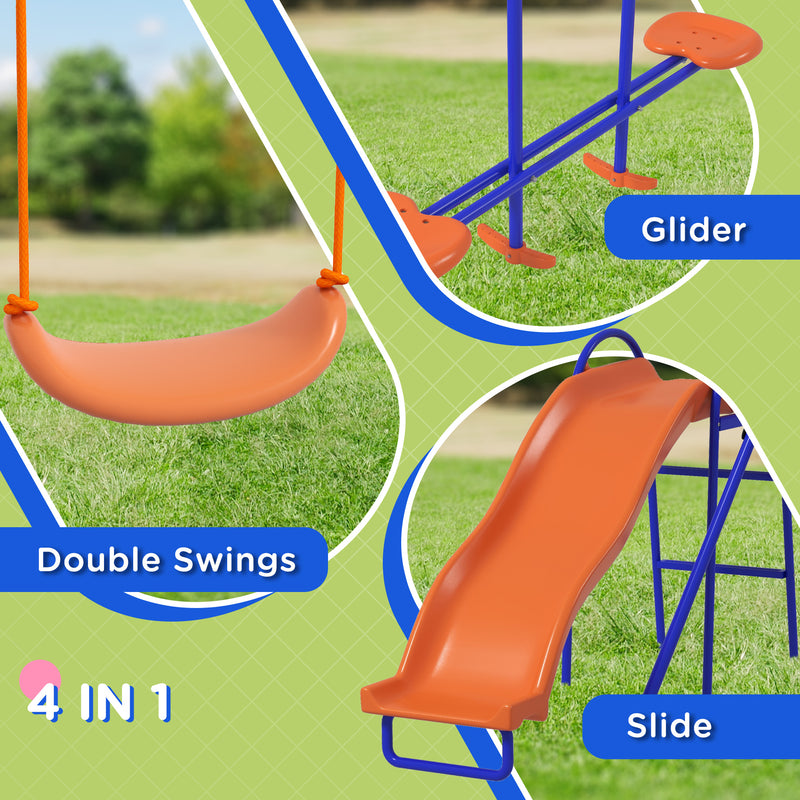 4 in 1 Metal Garden Swing Set with Double Swings Glider Slide Ladder Orange