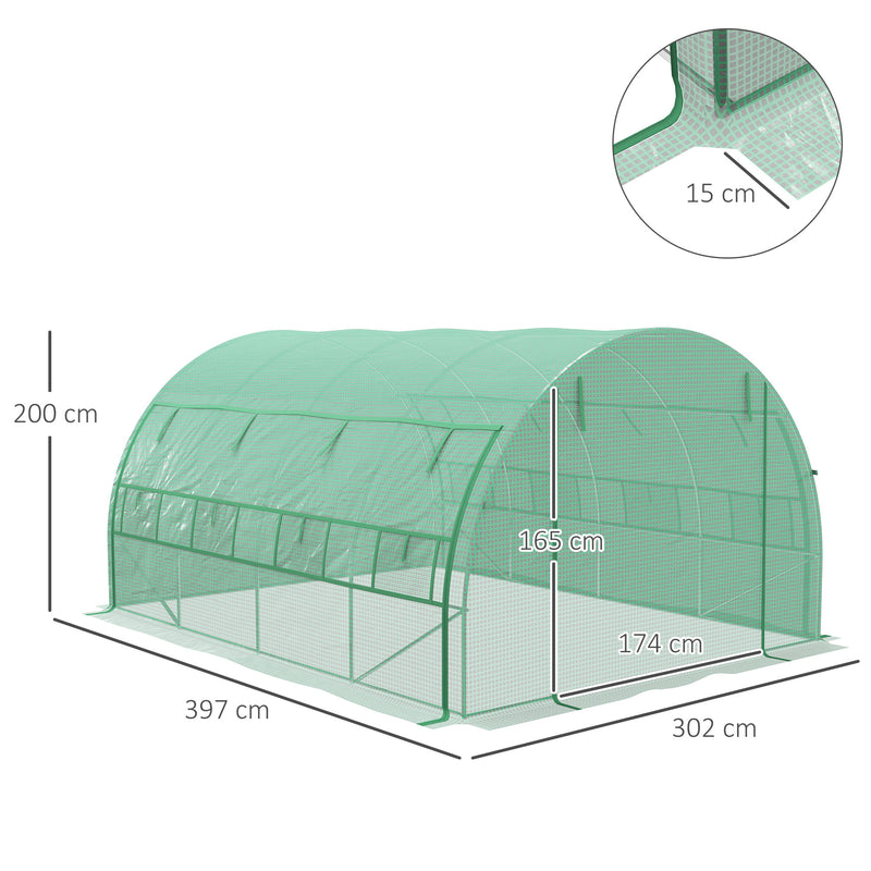 Polytunnel Greenhouse Walk-in Grow House Tent with Roll-up Sidewalls, Zipped Door and 8 Windows, 4x3x2m Green