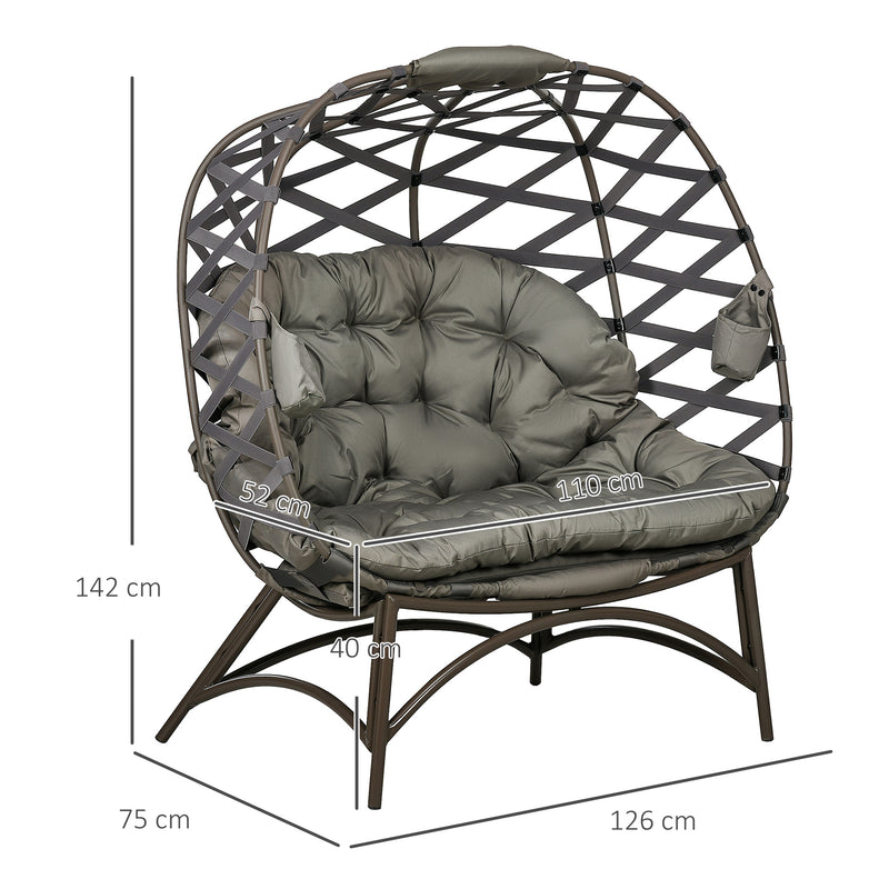 2 Seater Egg Chair Outdoor, Folding Weave Garden Furniture Chair with Cushion, Cup Pockets - Sand Brown