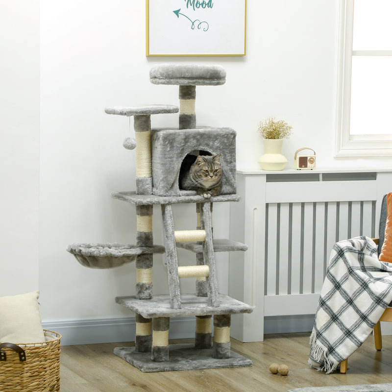132cm Cat Tree with Scratching Post, House, Hammock, Grey