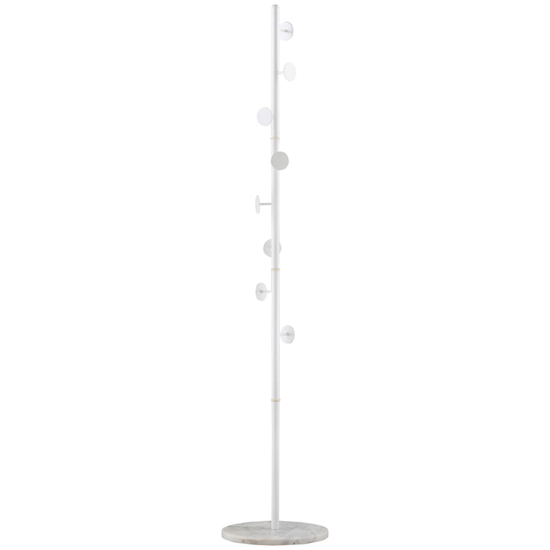 Coat Rack Free Standing Hall Tree with 8 Round Disc Hooks for Clothes, Hats,Purses, Steel Entryway Coat Stand w/ Marble Base White
