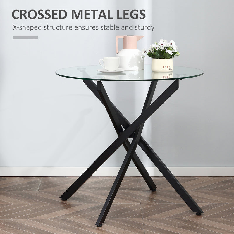 Side Table with Clear Tempered Glass Top, Round Table with Metal Legs, Modern Dining Table Furniture for Dining Room Living Room, Black