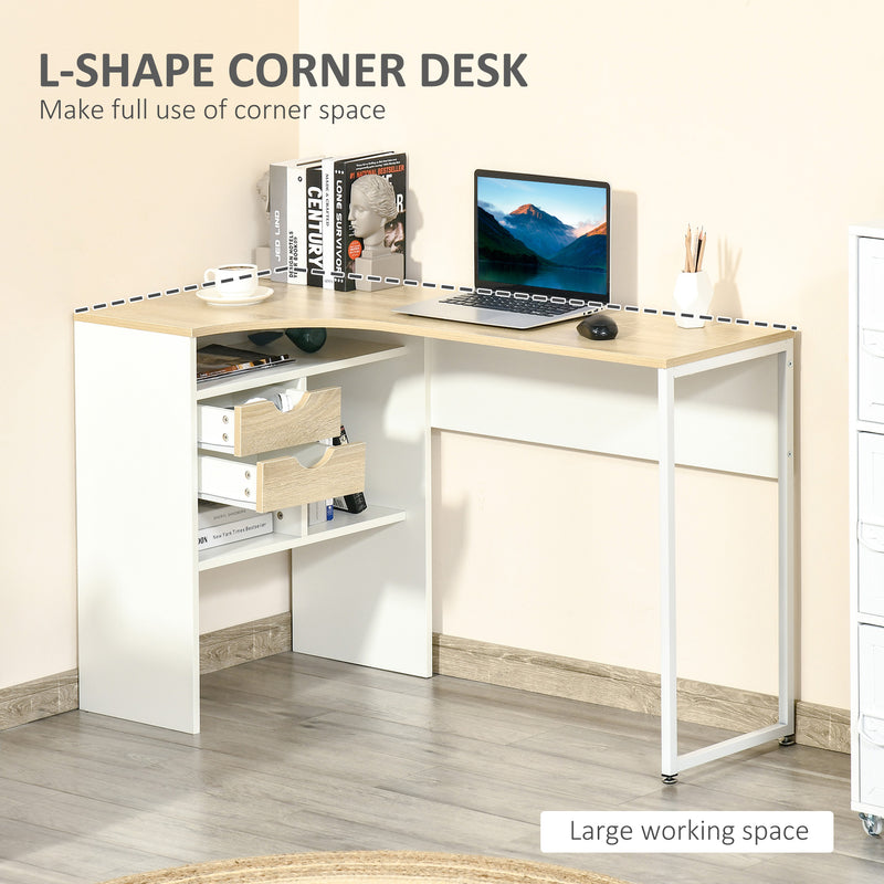 L-Shaped Corner Computer Desk Study Table PC Work w/ Storage Shelf Drawer Smooth Slide Office Home Workstation Space Saving - Light Brown