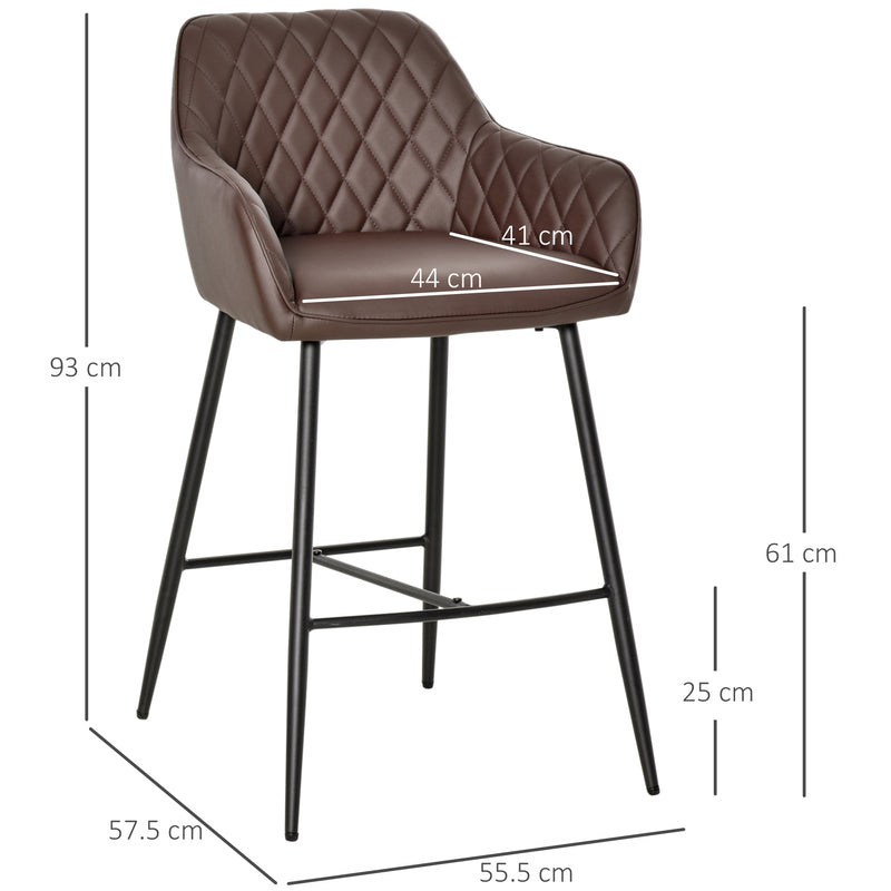 Set of 2 Bar stools With Backs Retro PU Leather Bar Chairs w/ Footrest Metal Frame Comfort Support Stylish Dining Seating Home Brown