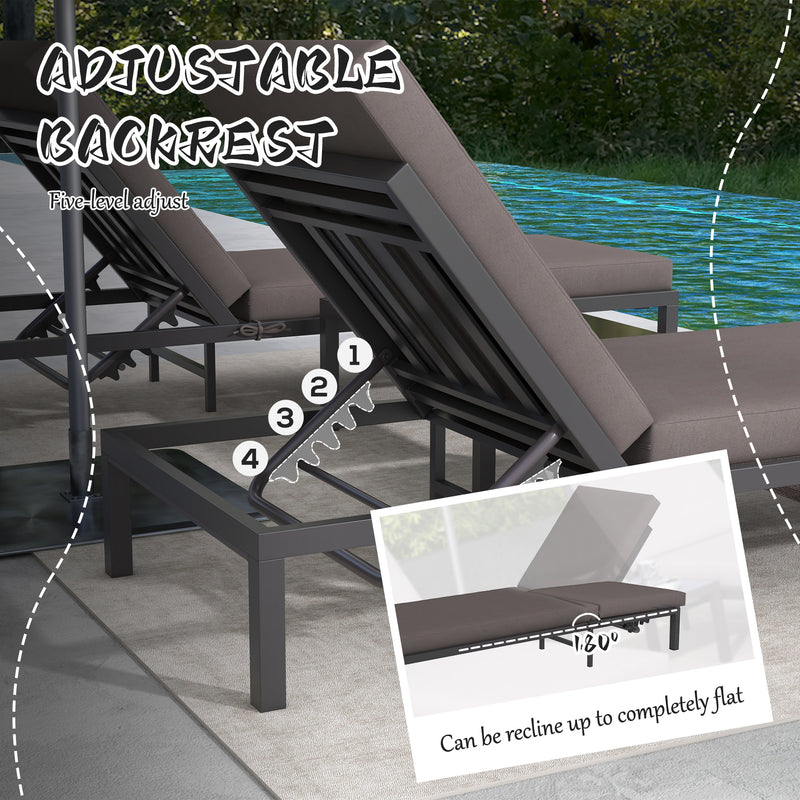 3 Pieces Garden Sun Loungers Set with Cushion, 5-level Adjustable Outdoor Recliner Bed Set w/ Glass Top Table, 2-In-1 Design