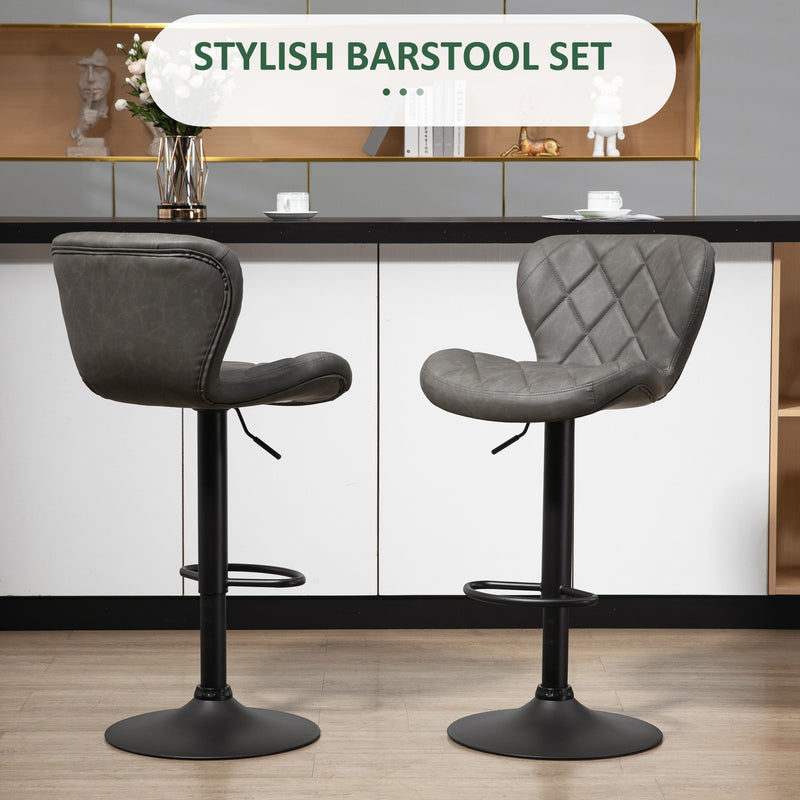 Adjustable Height Bar Stools Set of 2, Swivel Barstools with Backrest and Footrest, Steel Frame Diamond Pattern PU, Kitchen Dining, Dark Grey
