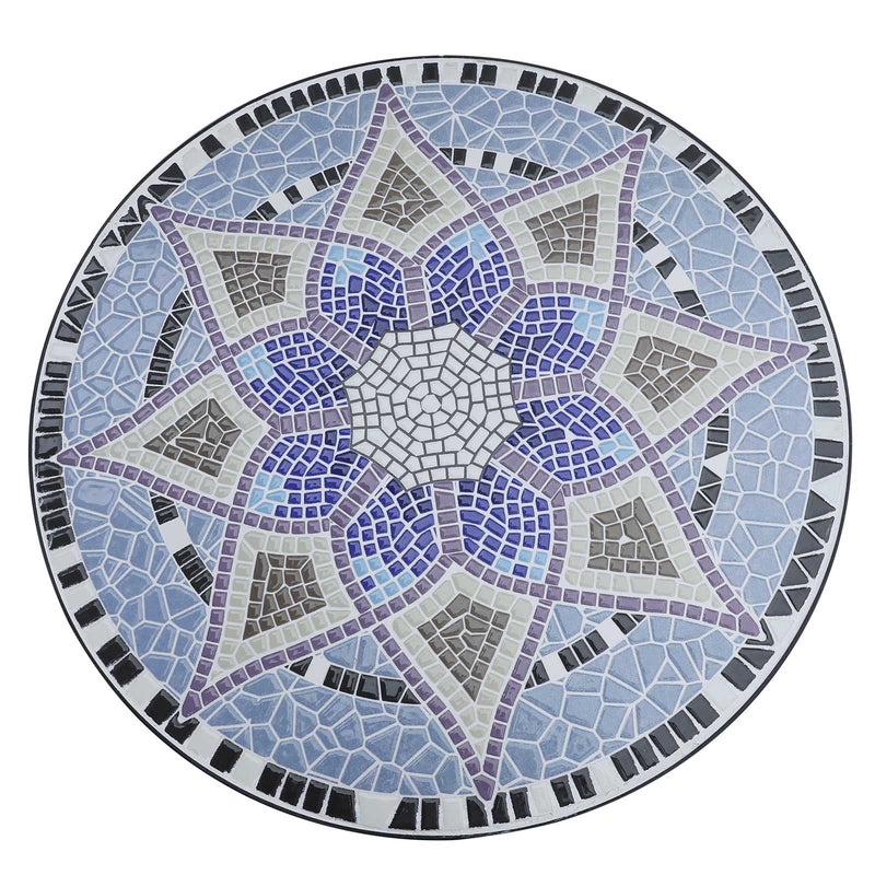Outdoor Mosaic Round Garden Table, Patio Bistro Coffee Side Table with 60cm Ceramic Top for Garden, Blue and White