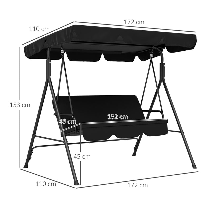 3-Seat Swing Chair Garden Swing Seat with Adjustable Canopy for Patio, Black