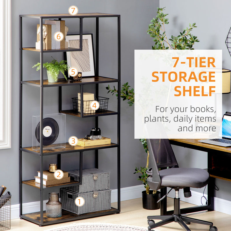 Industrial Bookcase Shelf, 7 Tier Metal Shelving, Storage Shelves for Living Room, Home Office, Bedroom, Rustic Brown