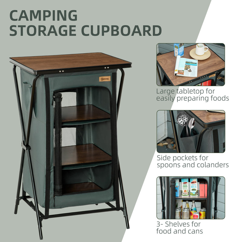 Camping Cupboard, Aluminium Foldable Kitchen Station Cook Table w/ Storage Shelves and Carrying Bag for BBQ Party Picnic Backyard