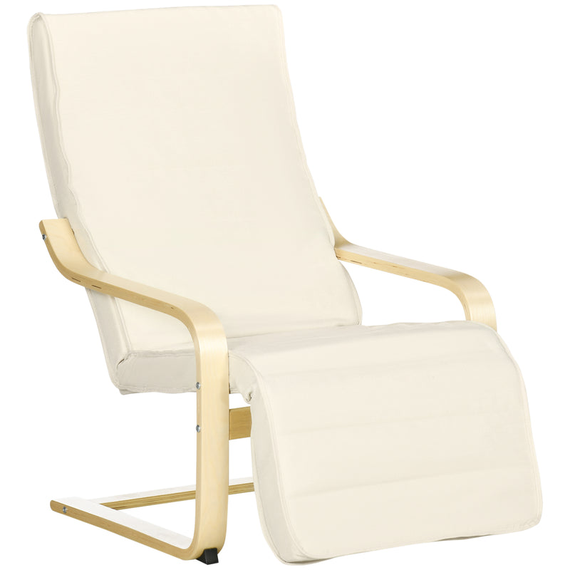 Wooden Lounging Chair Deck Relaxing Recliner Lounge Seat with Adjustable Footrest & Removable Cushion, Cream White