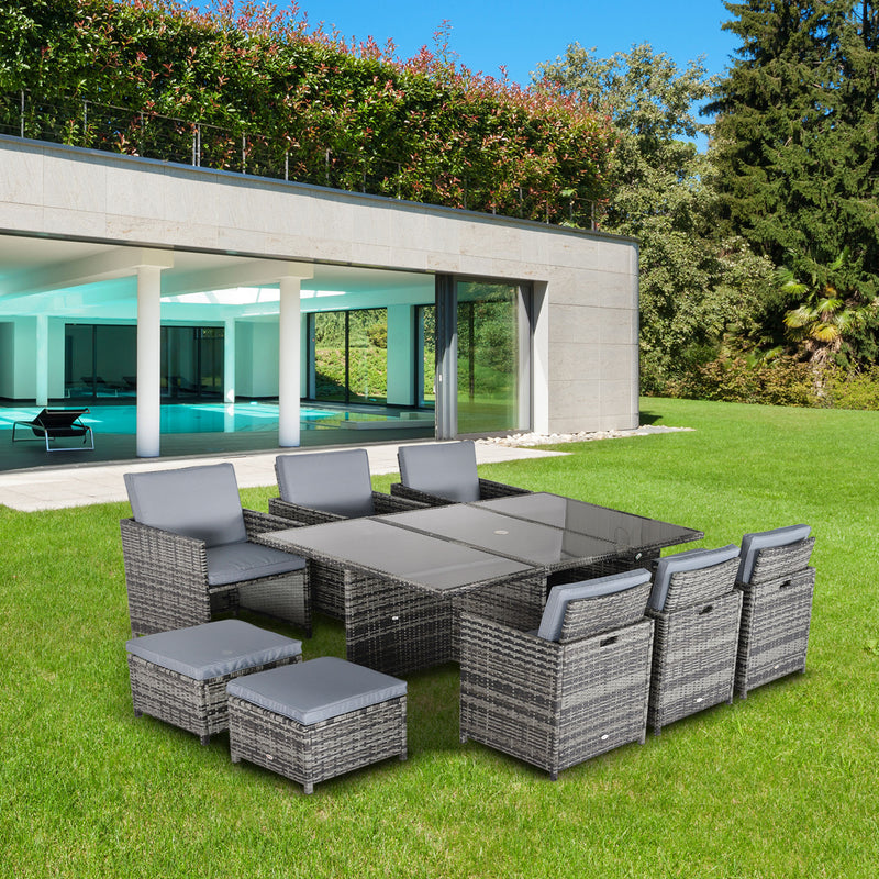 Outdoor 11pc Rattan Garden Furniture Patio Dining Set 10-seater Cube Sofa Weave Wicker 6 Chairs 4 Footrests & 1 Table Mixed Grey