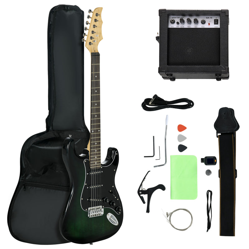 6 String Electric Guitar, Right Handed, with 20w Amp, Digital Tuner, Spare Strings, Picks, Shoulder Strap, and Case Bag, Black Green