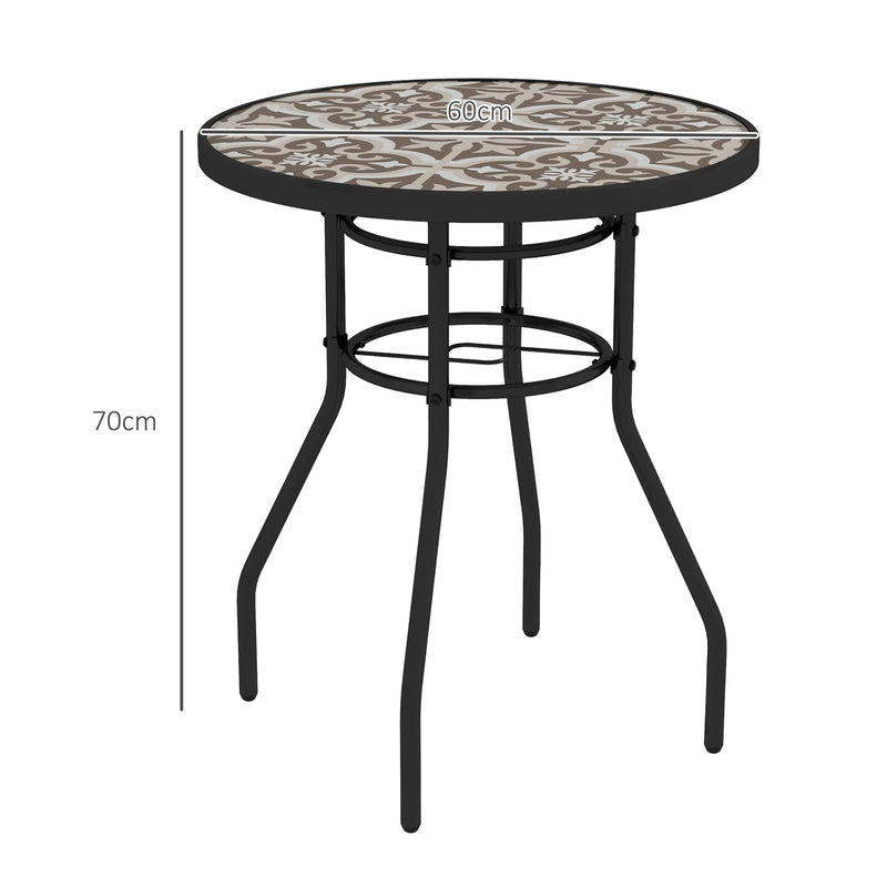 Tempered Glass Top Garden Table with Glass Printed Design, Steel Frame, Foot Pads for Porch, Balcony, Tan Brown