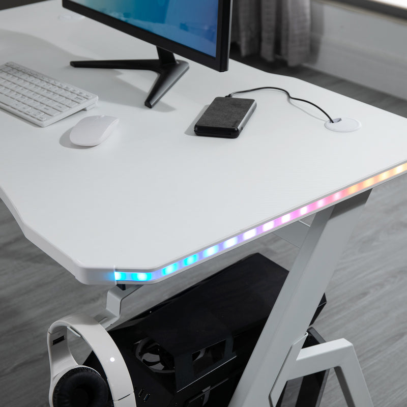 Gaming Desk Racing Style Home Office Ergonomic Computer Table Workstation with RGB LED Lights, Hook, Cup Holder, Controller Rack, White