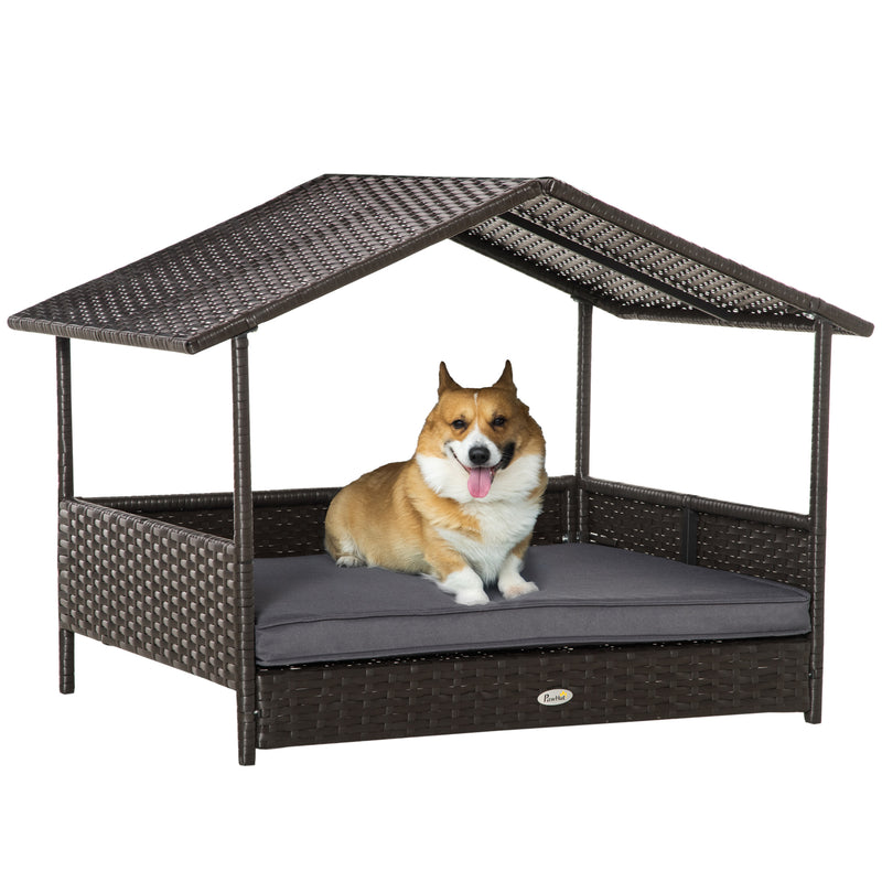Rattan Dog House, Elevated Wicker Pet Bed Lounge with Removable Cushion and Canopy, for Small and Medium Dogs, 98 x 69 x 73cm - Grey