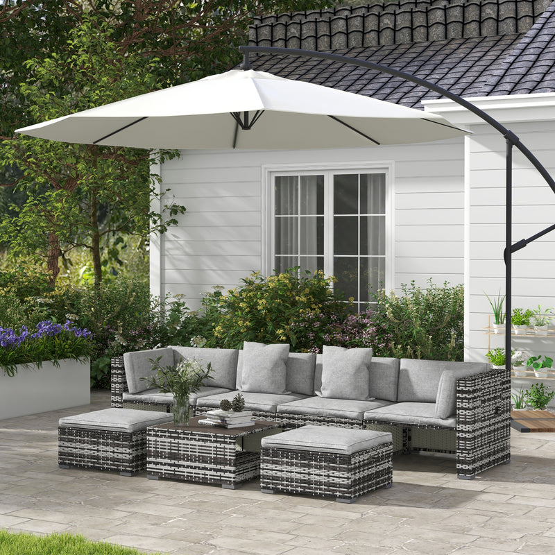7-Piece Rattan Patio Furniture Set with Sofa, Footstools, Coffee Table, Side Shelves, Cushions, Pillows, Mixed Grey