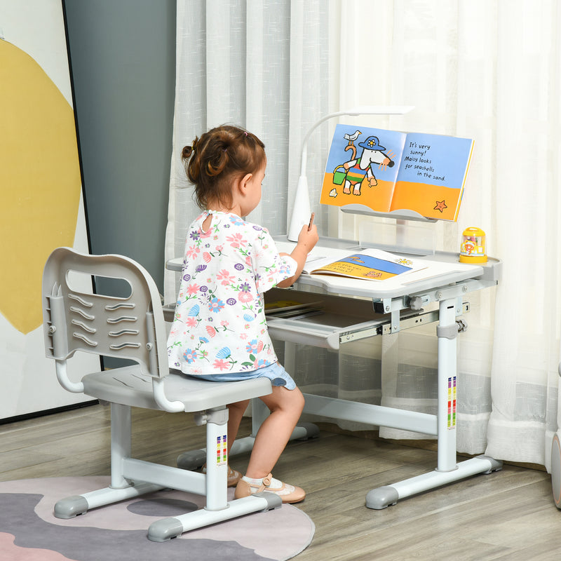 Kids Table and Chair Set, Activity Desk with USB Lamp, Storage Drawer for Study, Activities, Arts, or Crafts, Grey and White