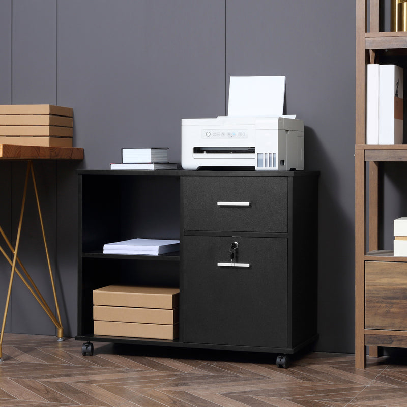 Filing Cabinet with Wheels, Mobile Printer Stand with Open Shelves and Drawers for A4 Size Documents, Black