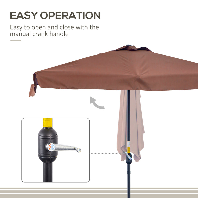 2.3m Patio Semi Round Half Parasol Umbrella with Metal Frame Crank Handle for Balcony- NO BASE INCLUDED, Brown