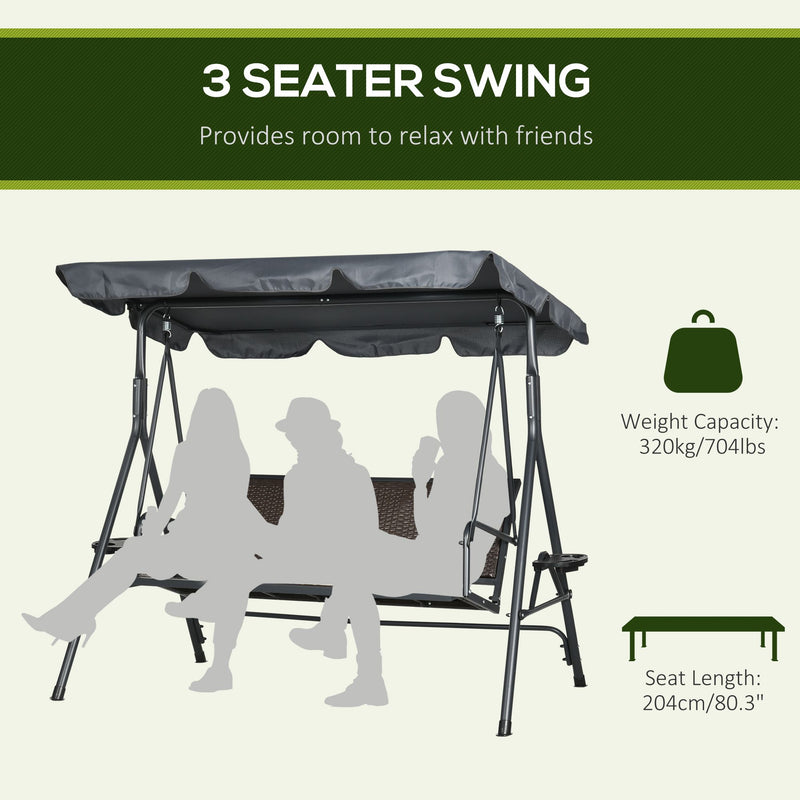 3 Seater Swing Chair, Garden Swing Seat Bench with Adjustable Canopy, Rattan Seat, and Steel Frame for Patio, Yard