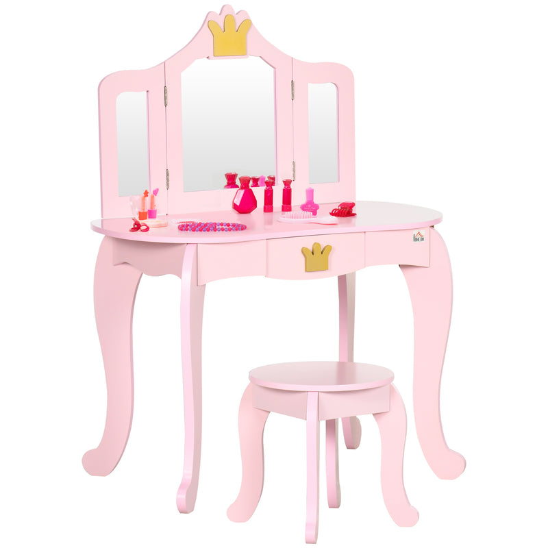 Kids Dressing Table with Mirror and Stool, Kids Vanity Set, Girl Makeup Desk with Rotatable Mirrors and Drawer, Pink
