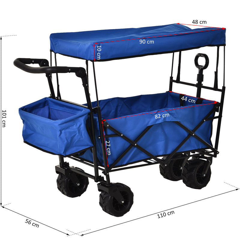 Folding Trolley Cart Storage Wagon Beach Trailer 4 Wheels with Handle Overhead Canopy Cart Push Pull For Shopping Camping Garden - Blue