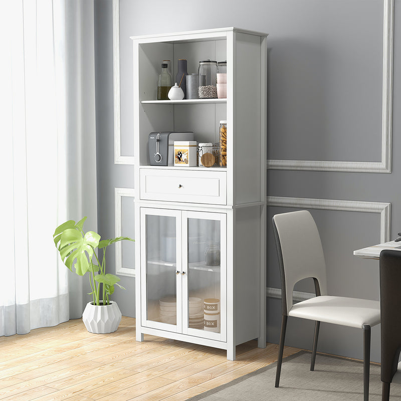 Kitchen Cupboard, Pantry Storage Cabinet w/ Tempered Glass Doors, Drawer, Open Shelf, Adjustable Shelves, 181.5 cm, White