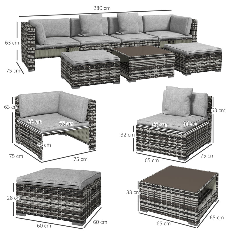 7-Piece Rattan Patio Furniture Set with Sofa, Footstools, Coffee Table, Side Shelves, Cushions, Pillows, Mixed Grey